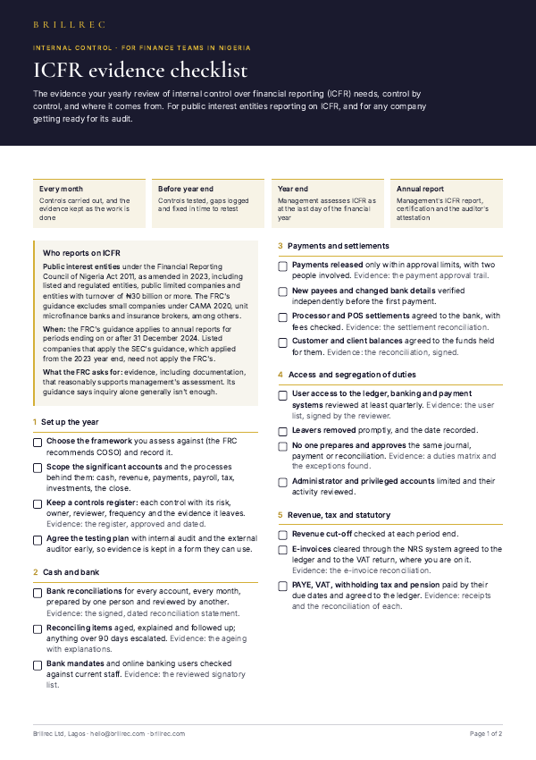 Page 1 of the Brillrec ICFR evidence checklist.
