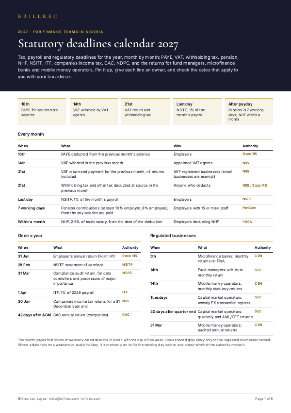 Page 1 of the Brillrec 2027 statutory deadlines calendar.