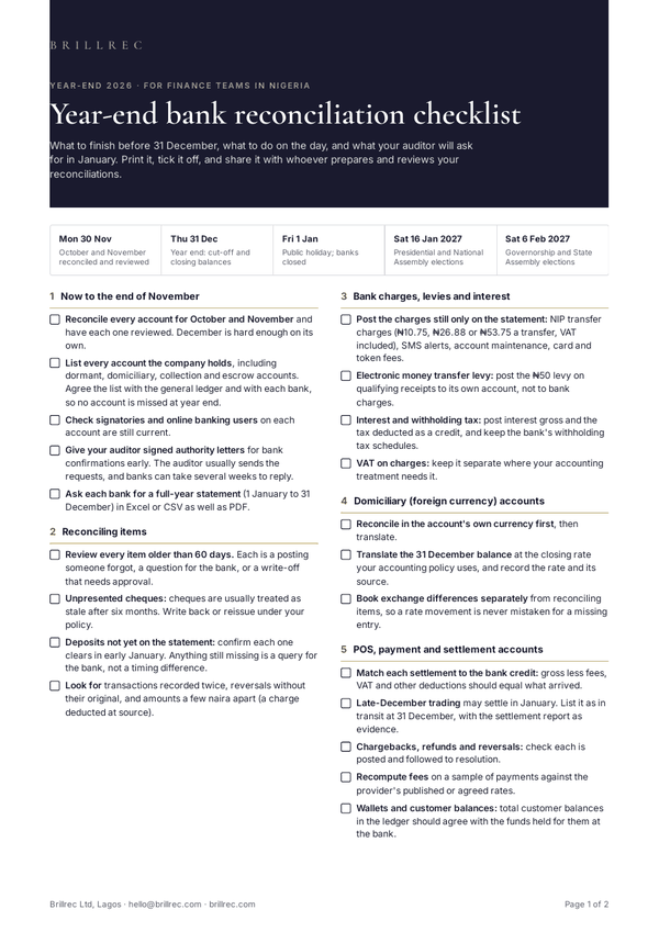 Page 1 of the Brillrec year-end bank reconciliation checklist.